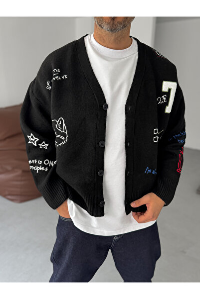 BYBASICMAN Μαύρη ζακέτα με κουμπιά με μικτό κέντημα TW-1004