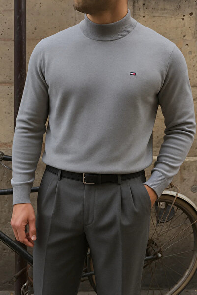 comstar Men's Winter Half-High Collar Slim Fit Basic Gray Sweater