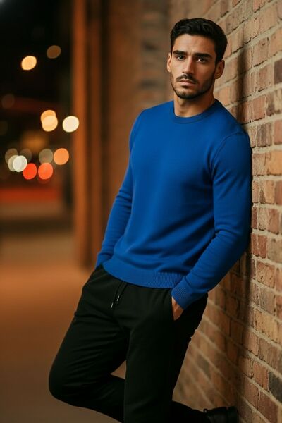 COMBİNE MİCHAİL Ανδρικό Βασικό Άνετο Μπλε Χαλαρό Πλεκτό Πουλόβερ