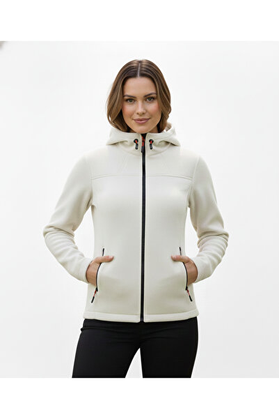 VEGA PORT Fleece pentru femei cu glugă cu fermoar pe lungime, culoare ecru