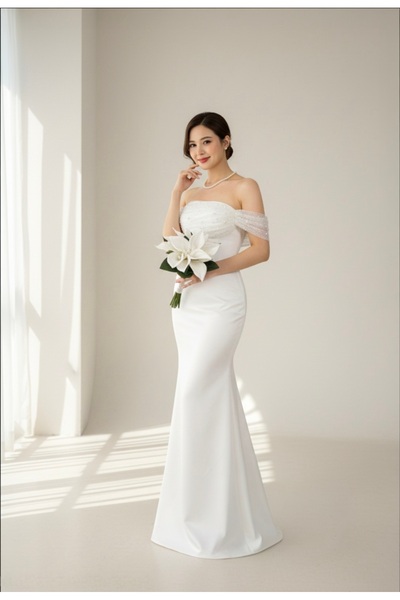 ENDAMIM Wedding Engagement Evening Dress Beaded Draped Pencil Low Sleeve