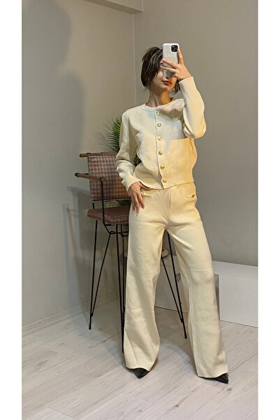 Butik Kadın bej hırka pantolon alt üst ikili triko takım