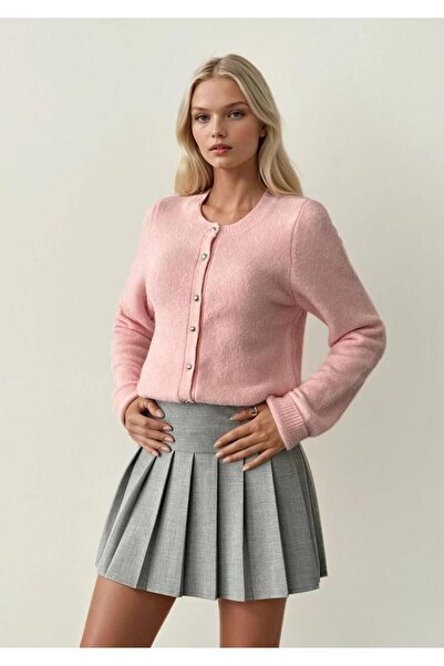 Ecenin Favorileri Crew Neck Pink Soft Women's Cardigan