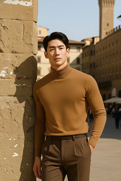 COMBİNE MİCHAİL Men's Casual Stylish Relaxed Loose Brown Knit Sweater