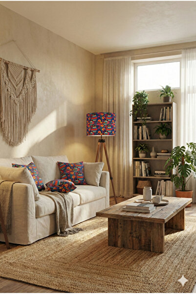 Otay Ev Dekorasyon Renkli Sepetler Desenli Dijital Baskı Kumaş Lambader Başlığı ( Sadece Başlık )