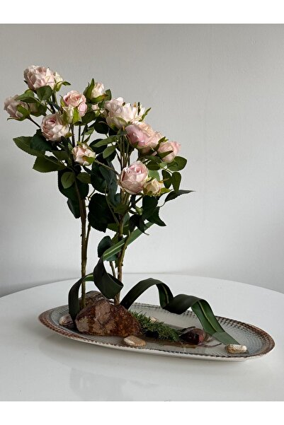 Flower Yüksek Görünümlü Yapay Pembe Gül Aranjmanı | Bol Tomurcuklu & Kayaç De...