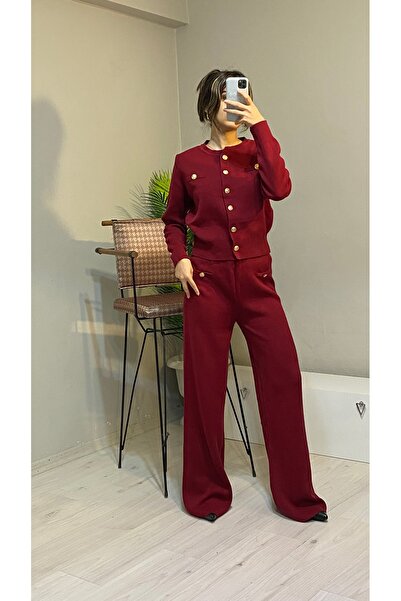Butik Kadın bordo hırka pantolon alt üst ikili triko takım