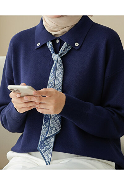 Modamorfo Polo Collar Scarf and Slit Casual Knitwear Tunic - Navy