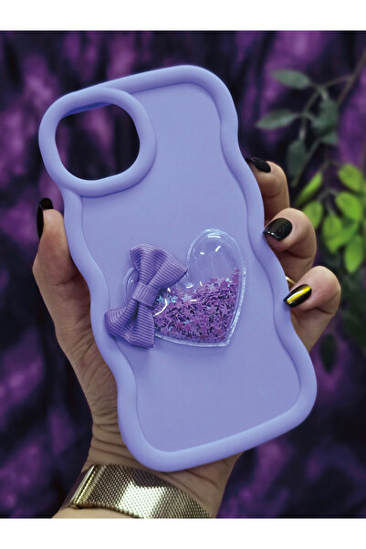 Magic Ring iPhone 13 / 14 Uyumlu Kalpli ve Kurdeleli Yıldız Simli Lila Telefo...