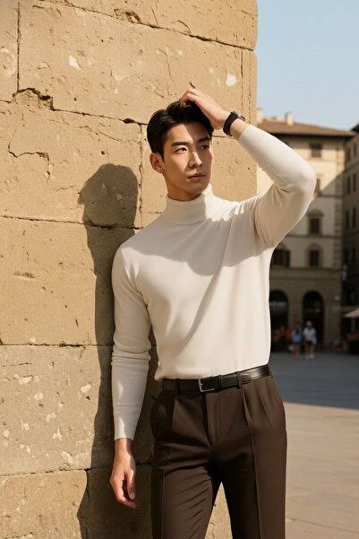 COMBİNE MİCHAİL Ανδρικό πουλόβερ casual κομψό, χαλαρό, κρεμ πλεκτό