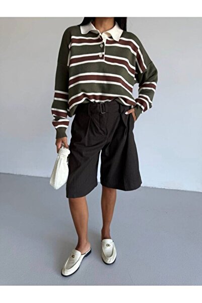 Elfin Striped Buttoned Polo Neck Women's Knitwear Sweater