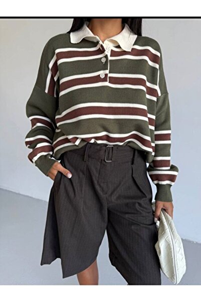 Elfin Striped Buttoned Polo Neck Women's Knitwear Sweater