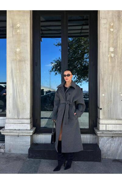 Ecenin Favorileri supradimensionat Palton lung pentru femei, gri, cu curea