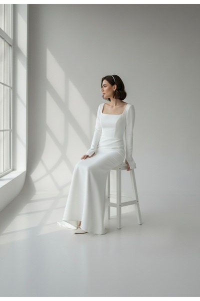 ENDAMIM Wedding Engagement Evening Dress Off-White Square Neck Slit Sleeve Lined Mermaid Wedding Dress