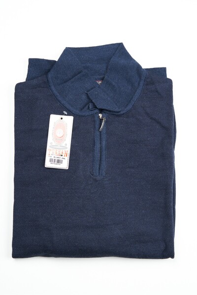 TURHAN TRİKO Polo Neck M. Navy Blue Semi-Zip Super Oversized Men's Sweater