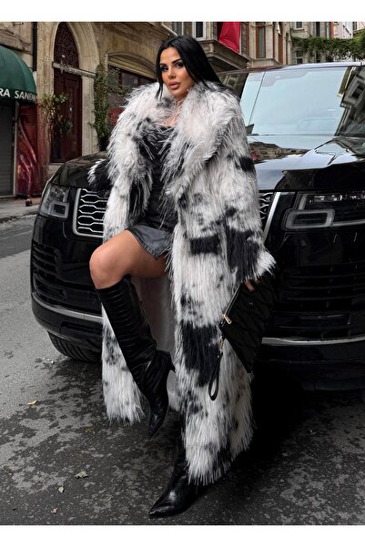 maymagaza Corina Kemer Detaylı Tasarım Uzun Kürk Kırçıllı Benekli Siyah