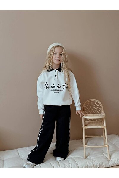 MİNİKO KİDS Girl's Collar-Style Buttoned Wide-Leg 3-Ply Tracksuit Set