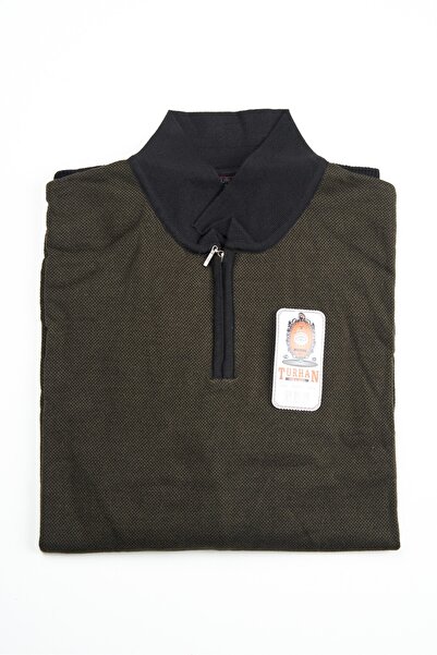 TURHAN TRİKO Polo Collar Khaki Semi-Zip Super Oversized Men's Sweater
