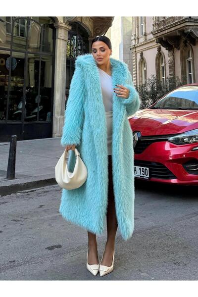 maymagaza Lupsi Kapşonlu İthal Kürk Turkuaz