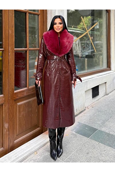 maymagaza Uppers Kürk Yaka Detaylı Uzun Deri Kaban Bordo
