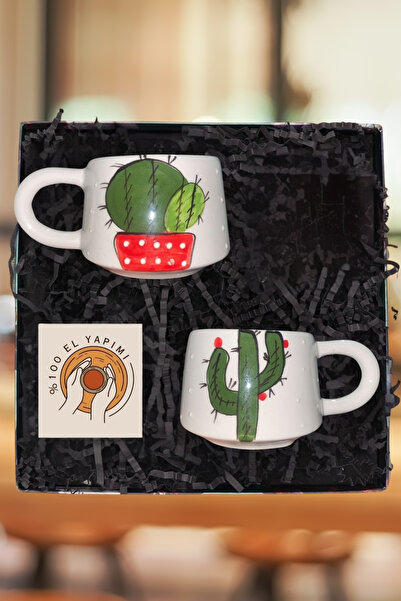 Janset Küyahya Handmade Set of 2 Cactus Patterned Mugs