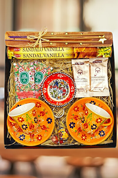 Janset El Yapımı Turuncu Çini Fincan & Kase Tütsü Seti & Kahve & Mum & Mendil...