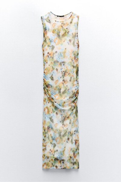 AYSEGUL SOZKESEN Çiçekli Şifon Drapeli Kolsuz Midi Davet Yazlık Elbise