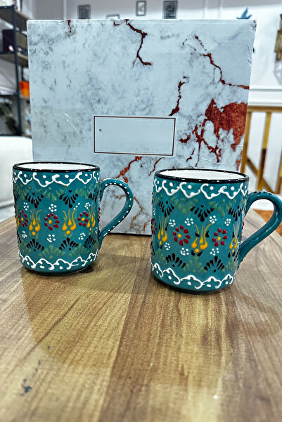 Janset Küyahya Handmade Set of 2 Tile Embroidered Water Green Mugs