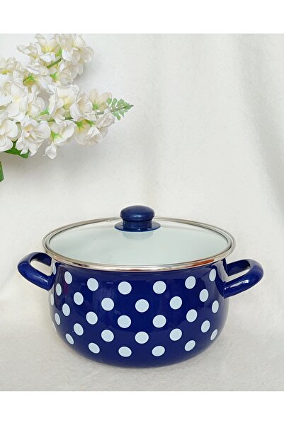 EBRULİEMAYE Navy Blue Polka Dot Enamel Pot 5-Liter 24 cm Diameter Milk Yogurt Soup Pot