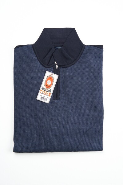 TURHAN TRİKO Polo Neck Navy Blue Semi-Zip Super Oversized Men's Sweater
