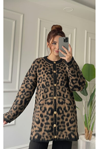 meday Clothing Luxe Collection Leopard Patterned Gold Buttoned Knitted Cardigan