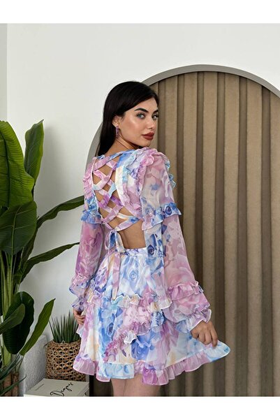 Generic Sırt Dekolteli Çiçek Desenli Mini Şifon Elbise