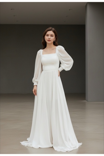 ENDAMIM Wedding Engagement Evening Dress Long Chiffon Dress White Promise Dress Flared Skirt Square Neck Long Sleeve Balloon Sleeve