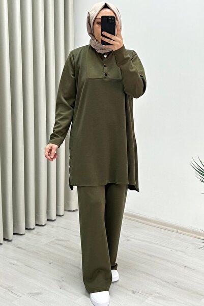 T Moda Store Efraze Metal Düğme Detaylı Yırtmaçlı Modal Kumaş Tesettür İkili Takım Siyah