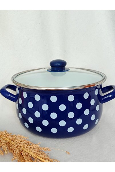EBRULİEMAYE Navy Blue Polka Dot Enamel Pot 5-Liter 24 cm Diameter Milk Yogurt Soup Pot