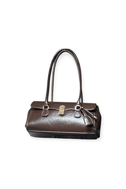 Melos Butik Women's Bitter Brown Baguette Leather Hand and Shoulder Bag with Lock Closure