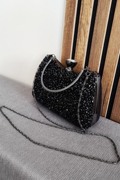 çantamgelsin Women's Scholarship Hand and Cross Chain Long Strap Crystal Stone Black Evening Dress Bag