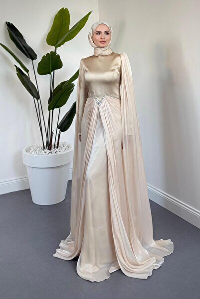 MERVEN AKYÜZ Loverna Taşlı Pelerinli Abiye Krem