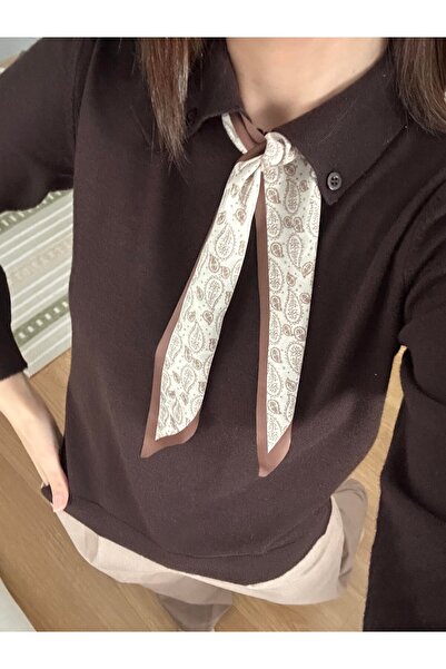 Sadık Collection Women's Brown Polo Neck Scarfed Long Sleeve Knitwear 140518