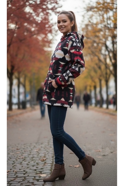 BİLGENS BUTİK Women's Ethnic Patterned Hooded Fleece Cardigan