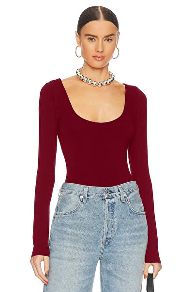 MetuCA Дамски бордо боди с V-образно деколте, дълъг ръкав, двойна подплата, к...