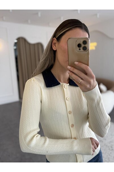 Sadık Collection Women's Polo Neck Tricot with Denim Trim