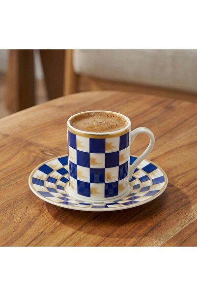 FAIR HOME Horse Blue White Checkerboard Decor 6-Person Porcelain Coffee Cup Set – 90 Ml.