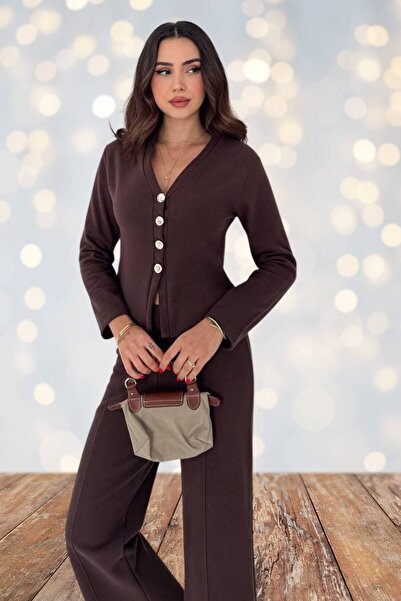 Moda Amore Women's Thessaloniki Fabric Gold Button Cardigan Pants Two-Piece Set (S-Xl) 5009