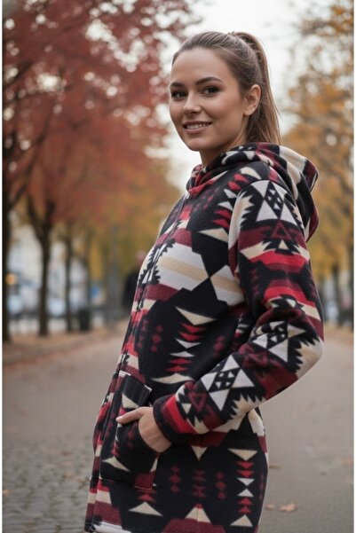 BİLGENS BUTİK Women's Ethnic Patterned Hooded Fleece Cardigan