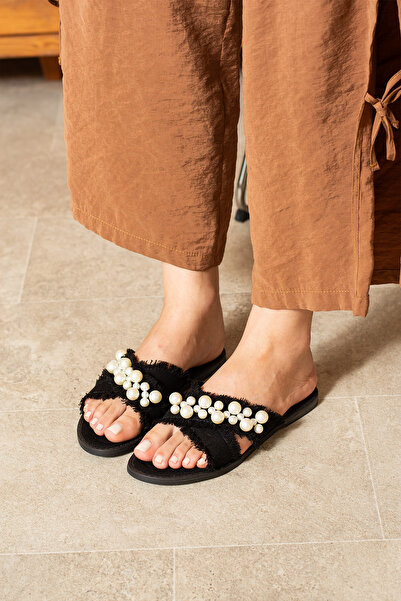 dabab shoes Mirella Women's Pearl Straw Textured Flat Stylish Black Slippers