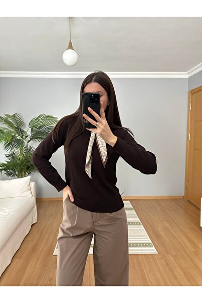 Sadık Collection Women's Brown Polo Neck Scarfed Long Sleeve Knitwear 140518