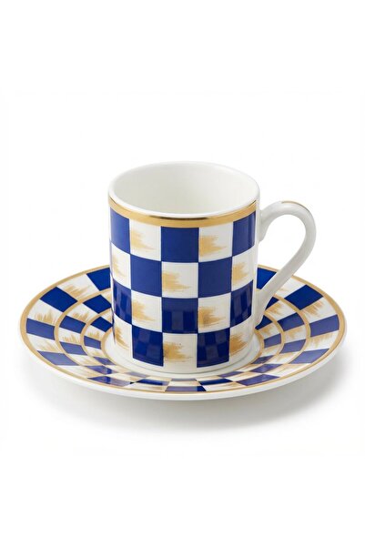 FAIR HOME Horse Blue White Checkerboard Decor 6-Person Porcelain Coffee Cup Set – 90 Ml.