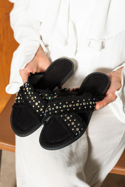 dabab shoes İnka Women's Straw Textured Bird's Eye Detailed Flat Black Slippers