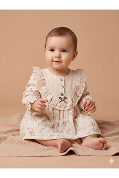 wofım kıds Kız bebek müslin kumaş elbise çiçek desenli dantel detaylı